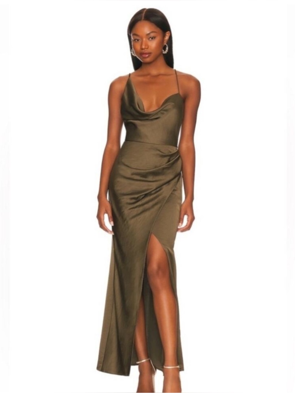 NWT Draped High-Low Satin Slip Dress in Olive